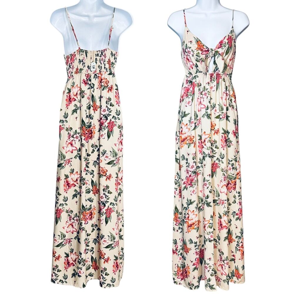 Ambiance Pink Floral Maxi Dress V Neck Strappy Ditsy Boho Smocked Size Small NEW